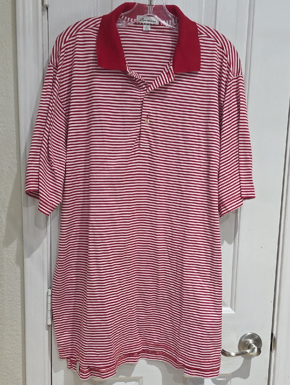 Peter Millar 100% Cotton Red and White Striped Polo Shirt Size L